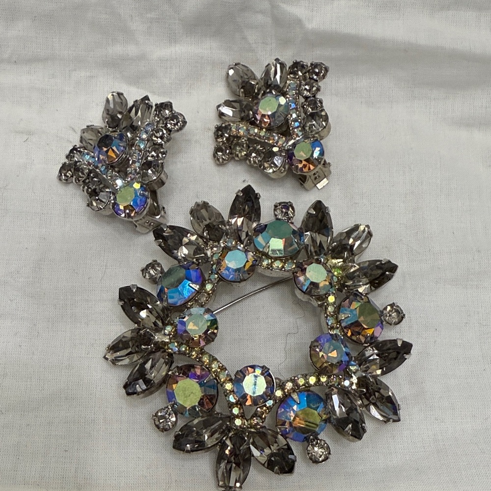 Elegant Vintage Silver and Blue Crystal Brooch and Earrings Set